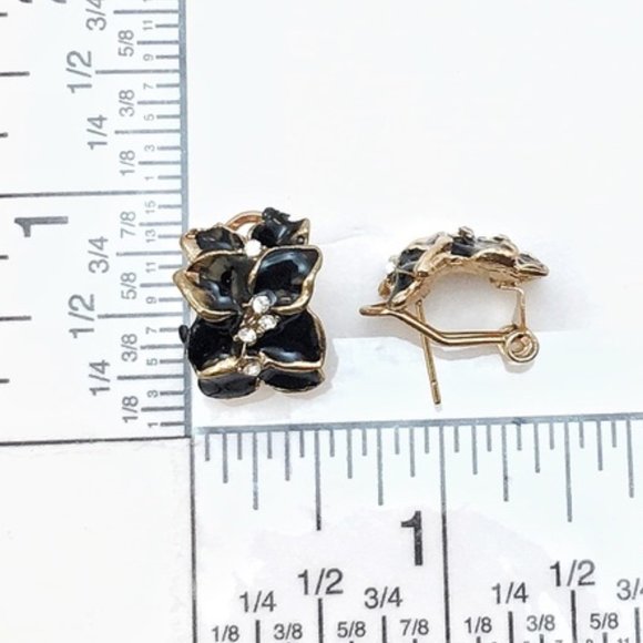 Black Enamel Floral Earrings w Rhinestone Accents - Picture 3 of 6